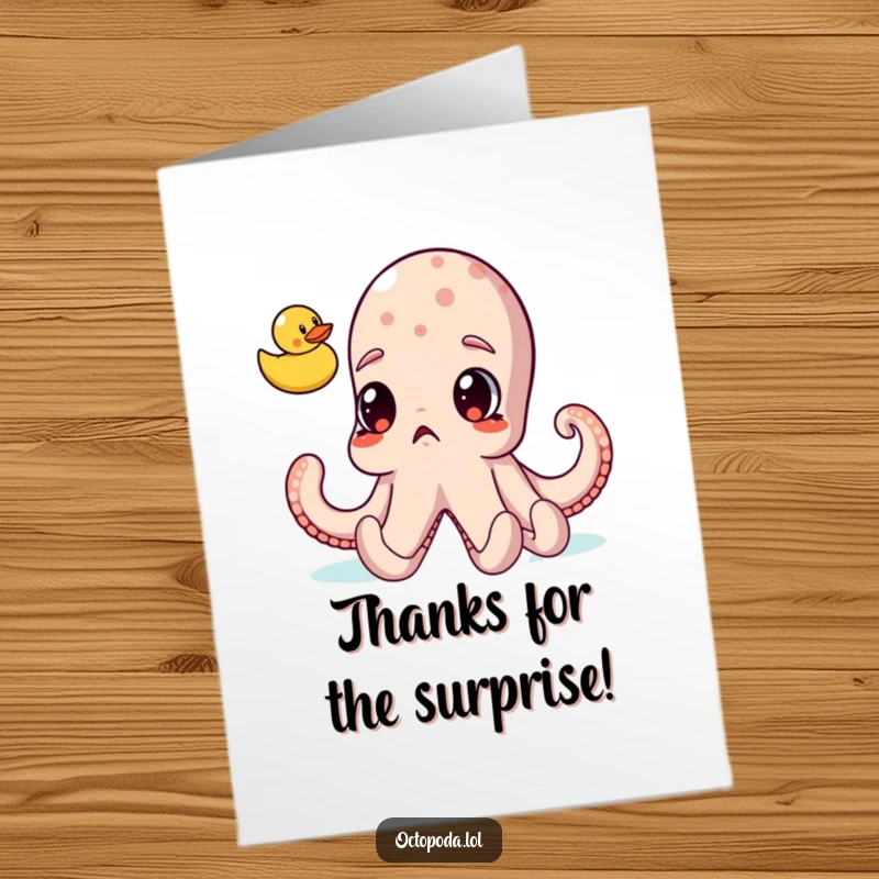 Funny Free Printable thank you card depicting a very surprised octopus with huge eyes looking intently at a floating rubber ducky, a humorous thank you.