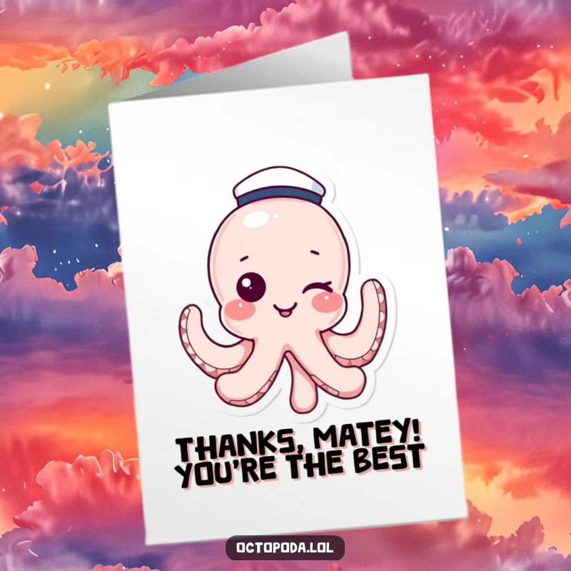 Funny Free Printable Thank You Card: A winking octopus wearing a sailor hat, great for a DIY thank you