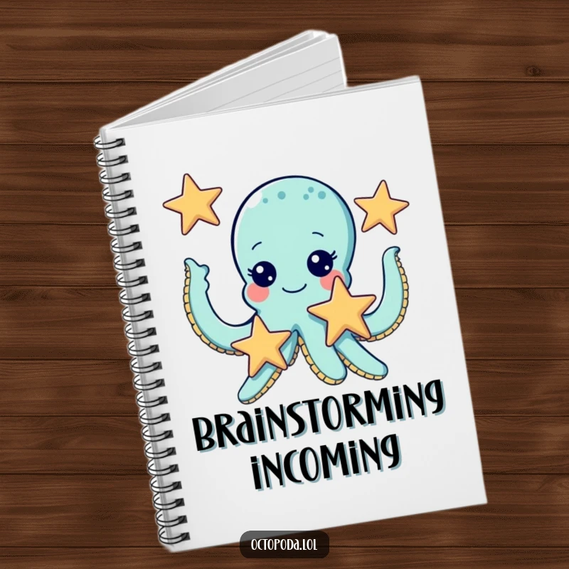 Funny notebook featuring a cute octopus with giggling eyes, juggling three starfish, ideal for notes and sketches.