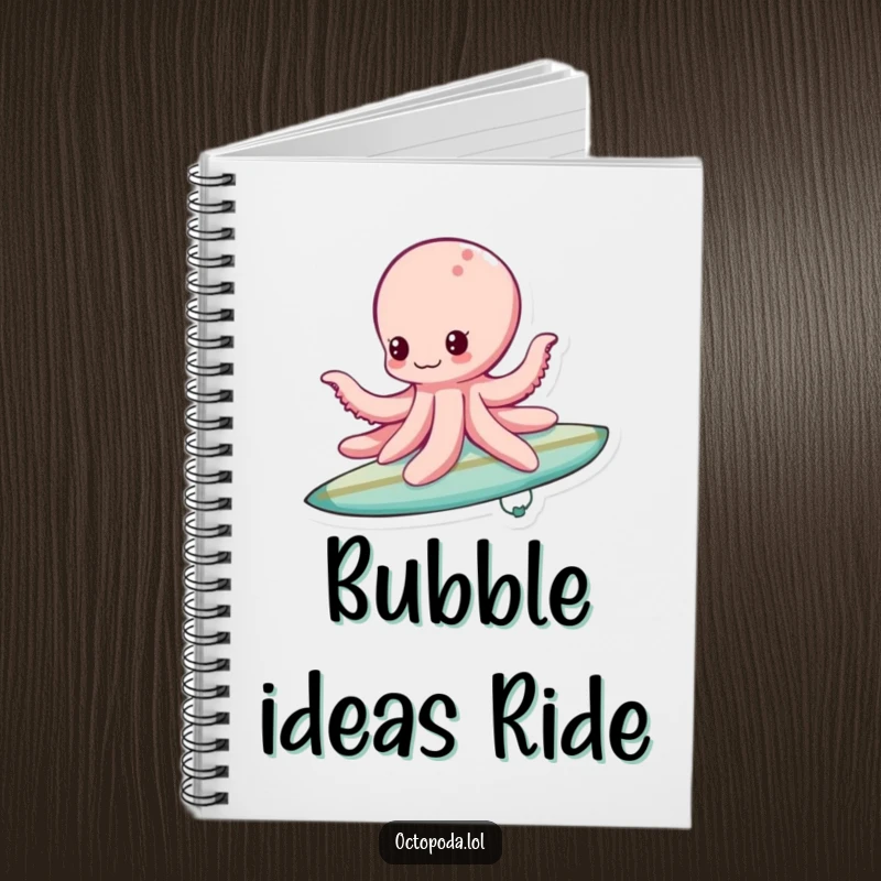 Funny bubble surfing octopus notebook cover, showing an octopus riding a bubble like a surfboard, inspiring aquatic adventures.