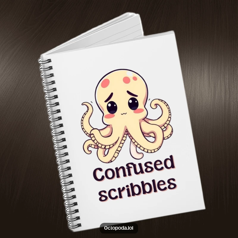 Funny Kawaii Octopus Notebook for writing and sketching, featuring a perplexed cephalopod with tentacles tied in a knot, a creative companion.