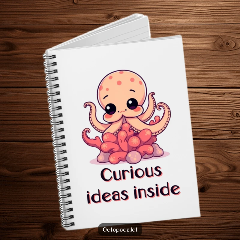 Funny notebook featuring a curious octopus peeking from behind vibrant coral, ideal for notes, sketches, and discoveries.