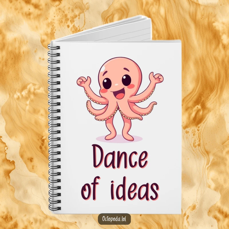 Funny octopus notebook featuring an excited octopus character doing a happy dance, ideal for journaling and creative expression.