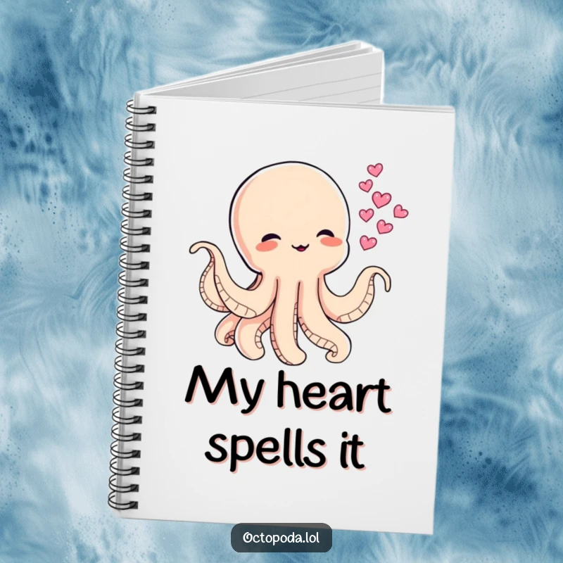 Funny notebook featuring a baby octopus blowing heart-shaped ink clouds, ideal for jotting down sweet messages and ideas.