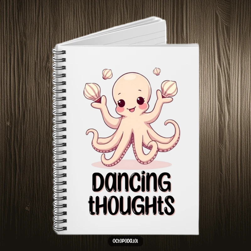 Funny Kawaii Octopus Notebook for writing and sketching, featuring a cephalopod artistically juggling seashells, a creative companion.