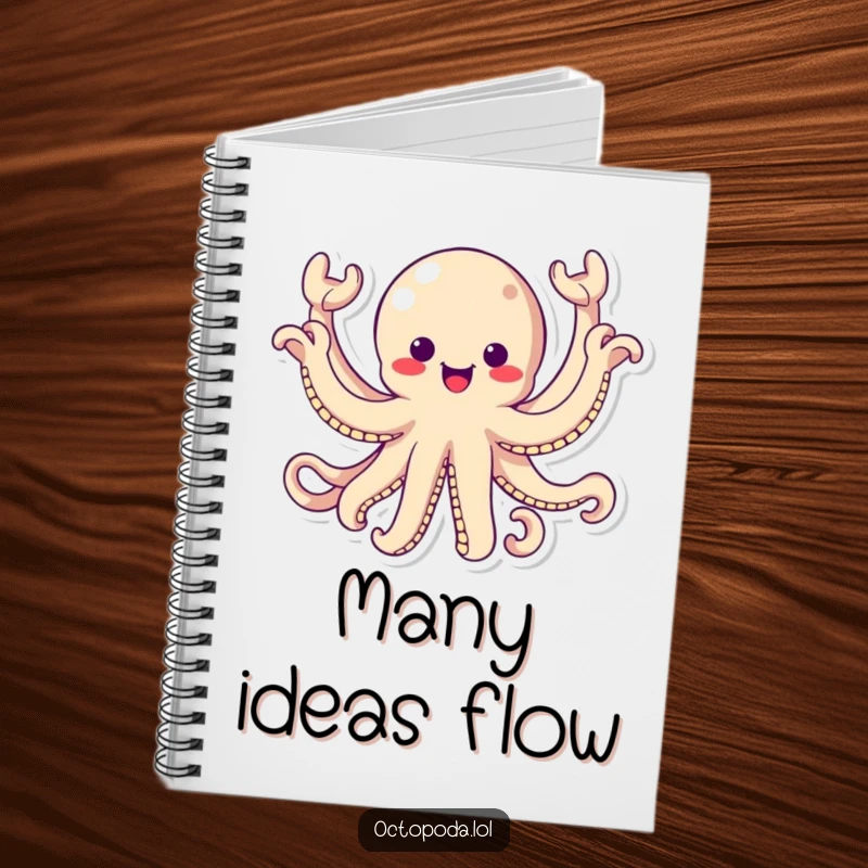 Funny Notebook: A kawaii octopus energetically waving all eight arms, a humorous notebook for jotting down ideas.