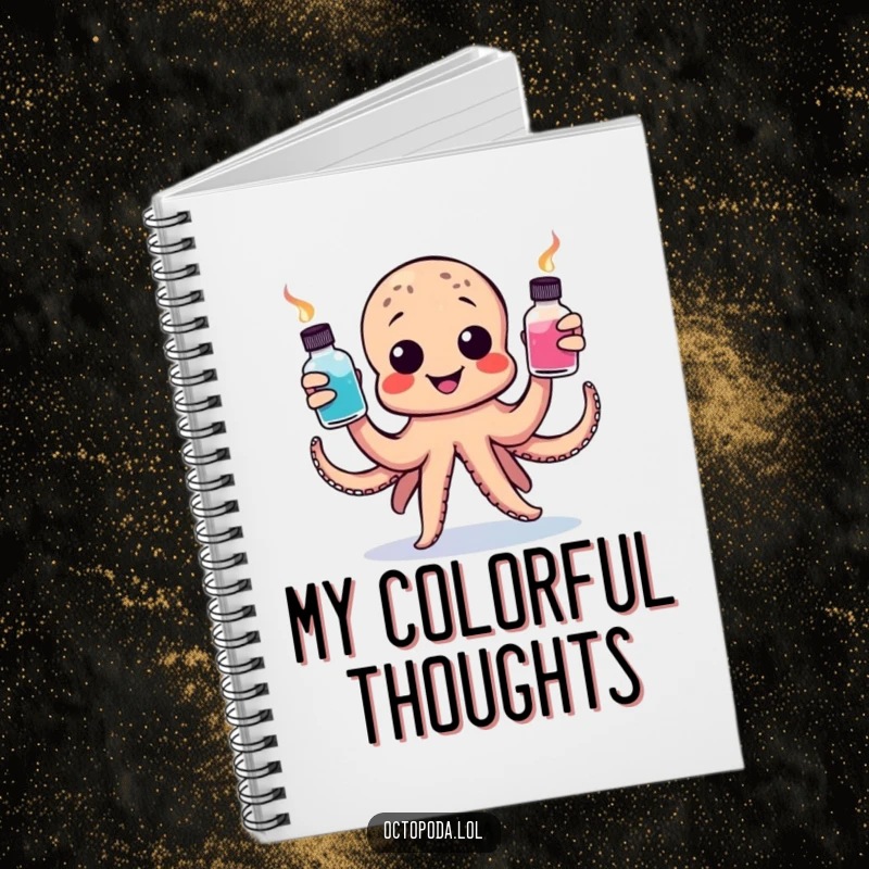 Funny notebook cover featuring a happy octopus juggling ink bottles, perfect for sketching, brainstorming, or journaling artistic ideas.