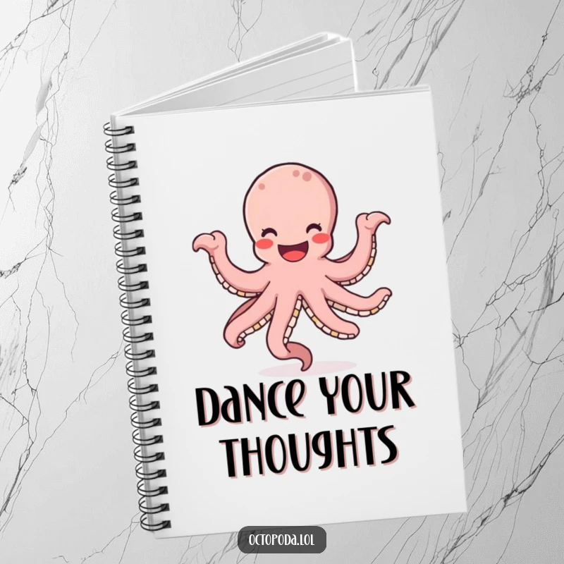 Funny notebook featuring a happy octopus dancing with its arms in a circle, perfect for jotting down ideas and sketches.