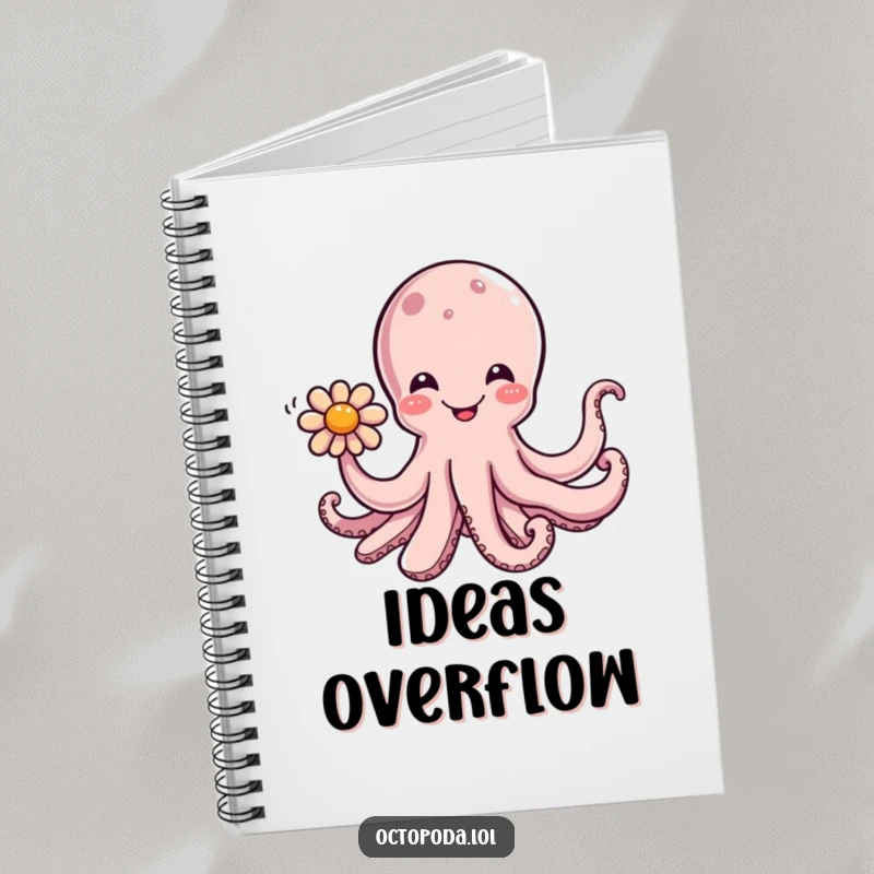 Funny notebook with a cheerful octopus offering a flower with a tentacle on the cover, encouraging creative thoughts.