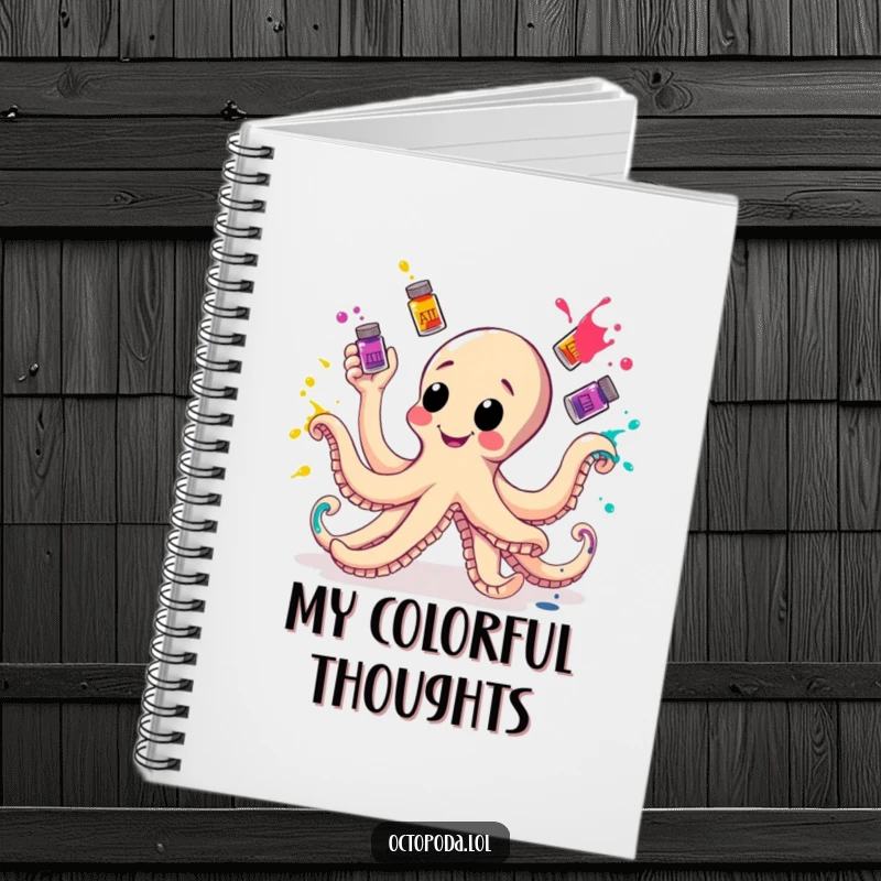Funny Notebook with a happy octopus juggling ink bottles, ideal for sketching, writing, and creative brainstorming.