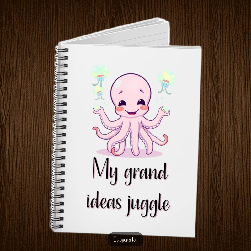 Funny notebook with a giggling octopus juggling jellyfish, designed for jotting down notes with a side of underwater amusement.