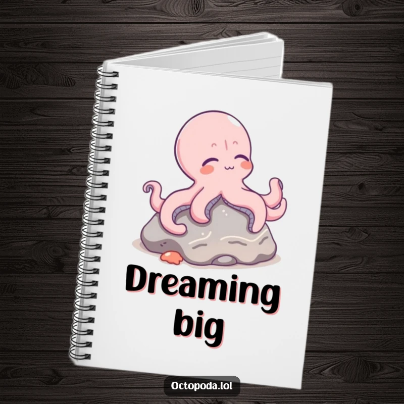 Funny notebook with a relaxed octopus character lounging on a rock on the cover, encouraging calm writing.