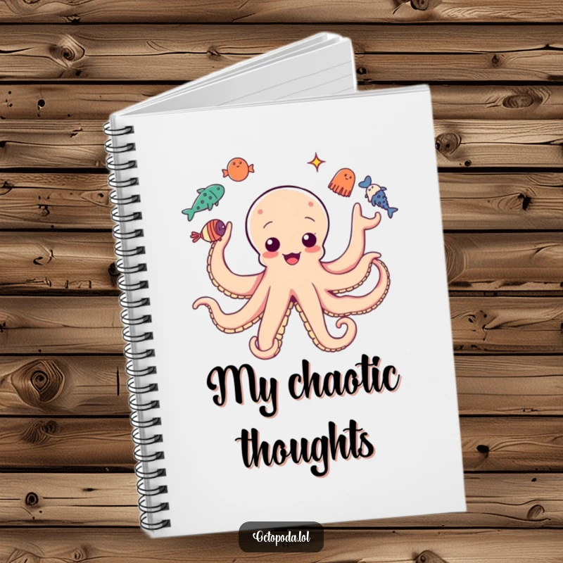 Funny notebook cover: Octopus with multiple arms juggling sea creatures, vibrant and amusing.
