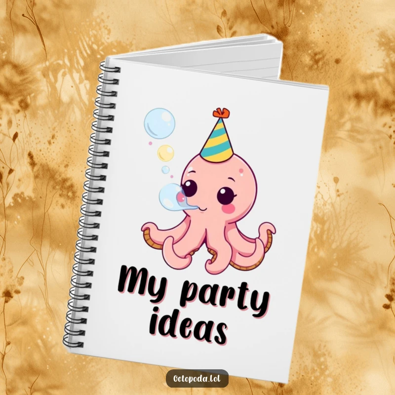 Funny notebook cover featuring a party octopus blowing a bubble, perfect for planning events or jotting down creative ideas.
