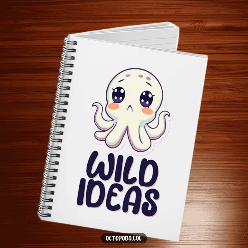 Funny notebook with a surprised octopus character with wide eyes looking upwards, perfect for journaling with a humorous theme. A great gift.