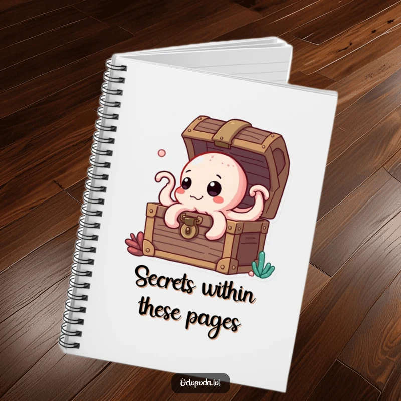 Funny notebook with a curious octopus character peeking from a treasure chest, designed for adventurous note-taking.