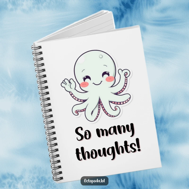 Funny notebook with a smiling octopus character waving hello with multiple tentacles, designed for friendly note-taking.
