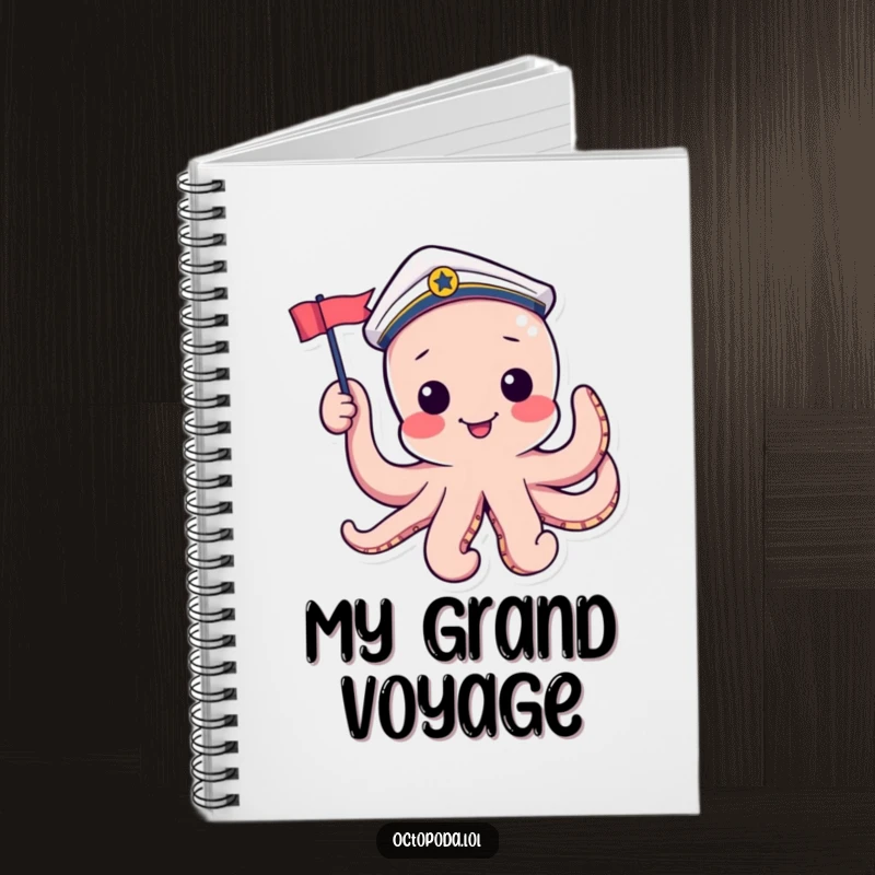 Funny notebook with a playful octopus in a sailor hat waving a flag, designed for capturing nautical ideas.