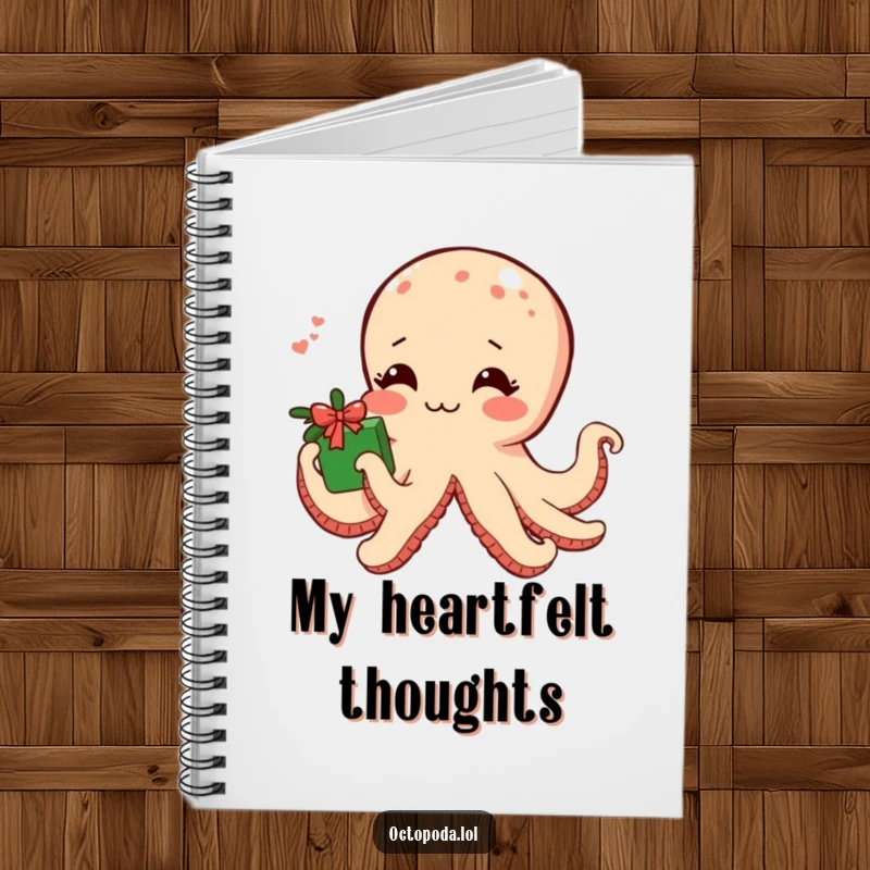 Funny notebook with a shy blushing octopus offering a gift wrapped in seaweed, designed for sweet thoughts and journaling.