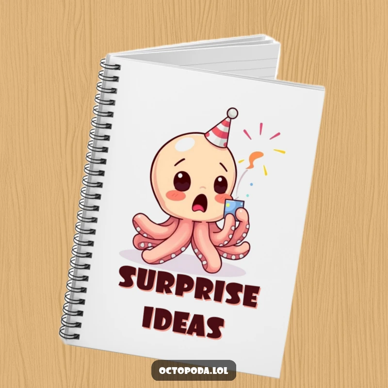 Funny Octopus Notebook: A baby octopus character comically surprised by a popping party popper on the cover.