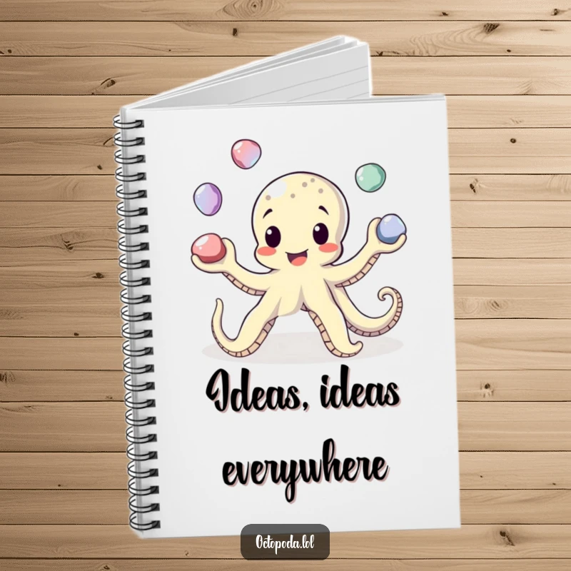 Funny Juggling Octopus Notebook: A playful octopus juggles pebbles on a notebook cover, inspiring organized fun.