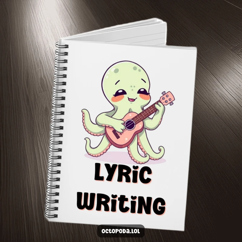 Funny notebook with a giggling octopus playing a ukulele, perfect for jotting down notes, ideas, and hilarious thoughts.