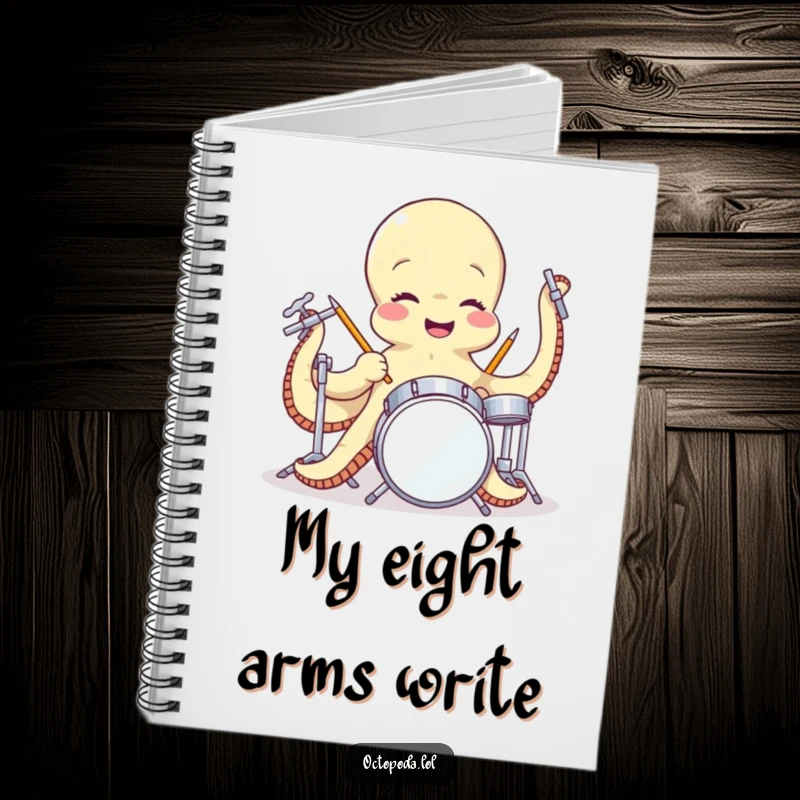 Funny notebook featuring a giggling octopus playing a miniature drum set, designed to inspire musical thoughts and creative writing.