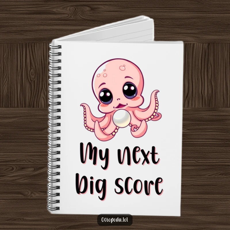 Funny notebook cover showing a wide-eyed octopus in a mad dash to catch a mesmerizing, shiny pearl.