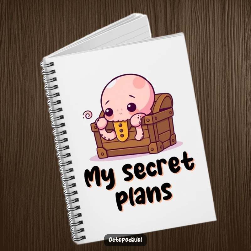 Funny Notebook with a curious octopus peeking from behind a treasure chest, ideal for journaling, note-taking, and capturing intriguing thoughts.