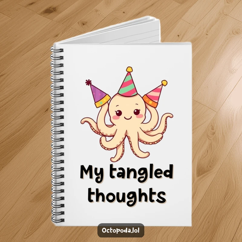 Funny Octopus Notebook: A smiling octopus with tangled arms adorning the cover, ready for jotting down party plans.