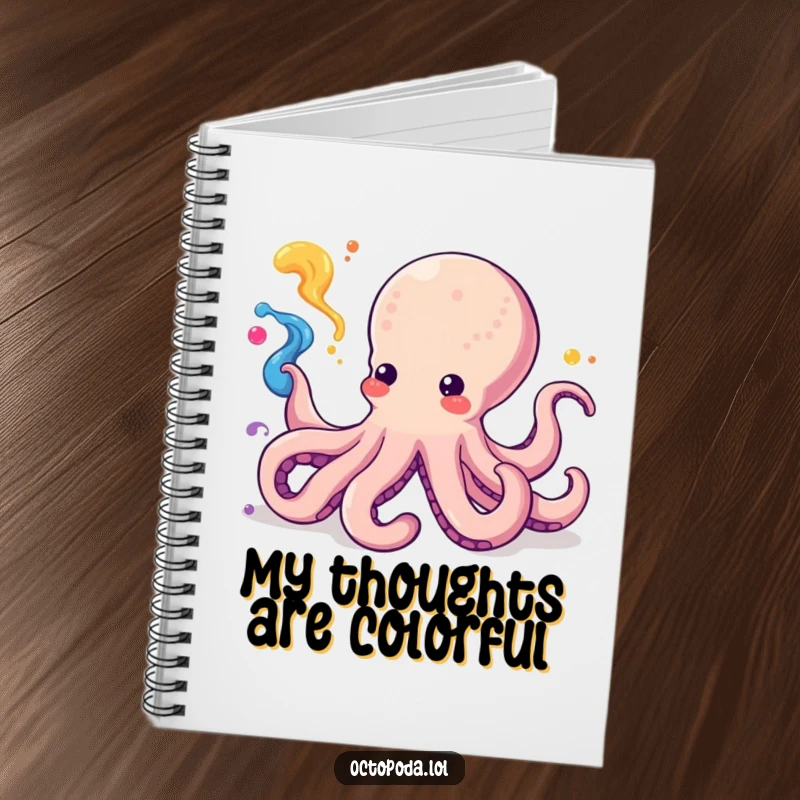 Funny Kawaii Octopus Notebook for sketching and writing, artfully squirting colorful ink, a creative cephalopod companion.