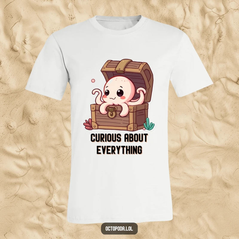 Funny t-shirt: a curious octopus character peeking out from a treasure chest overflowing with gold and jewels.