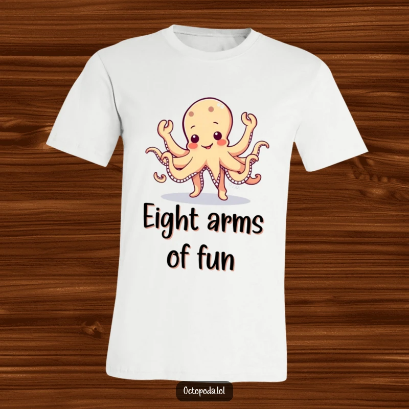 Funny Octopus T-Shirt: A cute, wobbly octopus character energetically doing a silly jig with all eight arms waving freely.