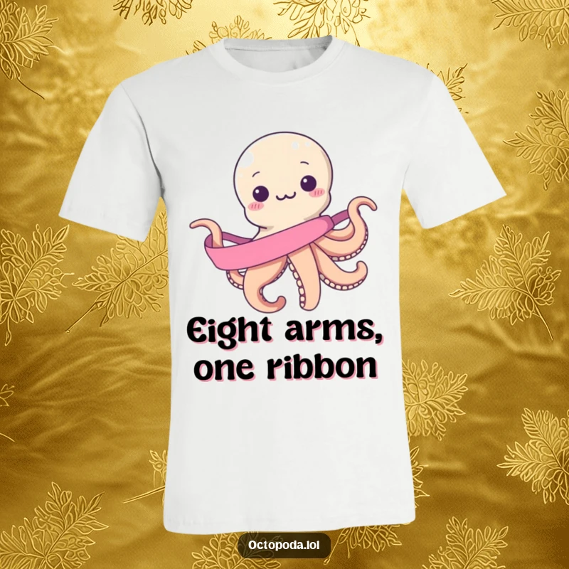 Funny t-shirt: a smiling octopus hilariously attempting to wrap its many arms around a single, impossibly long ribbon, looking a bit overwhelmed.