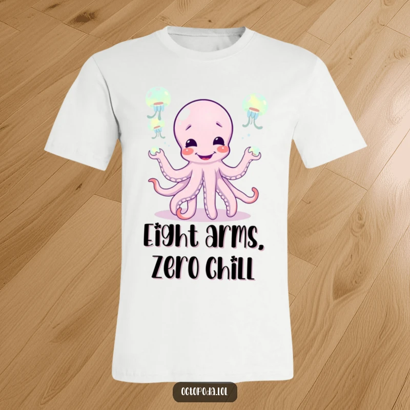 Funny t-shirt with a giggling octopus juggling glowing jellyfish, depicting a whimsical and entertaining underwater performance.