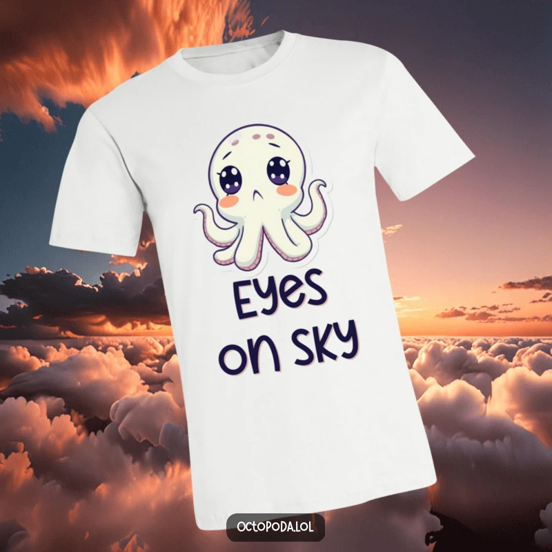 Funny t-shirt showcasing a surprised octopus with wide eyes looking upwards, capturing a moment of comical shock. A humorous gift.