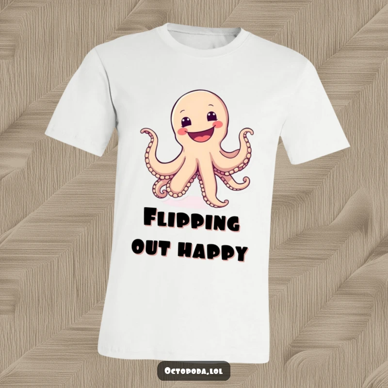 Funny t-shirt with a joyful octopus doing a cartwheel, showcasing a wide, happy grin and boundless enthusiasm.