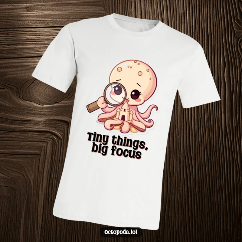 Funny t-shirt depicting a curious baby octopus peering through a magnifying glass at a miniature sandcastle, emphasizing exploration.