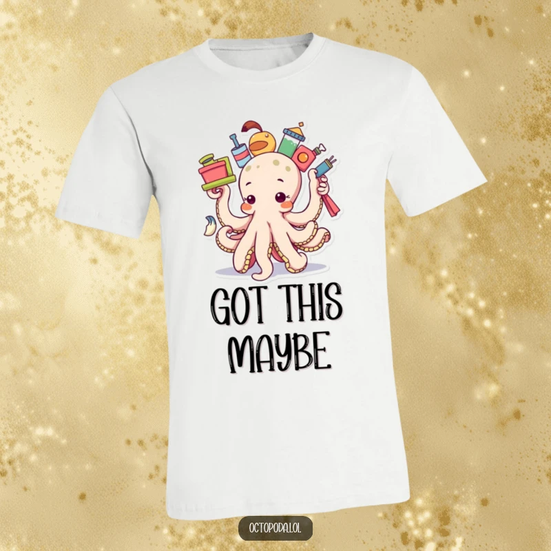 Funny determined octopus t-shirt, showing an octopus precariously balancing numerous items, embodying focused effort and slight struggle.
