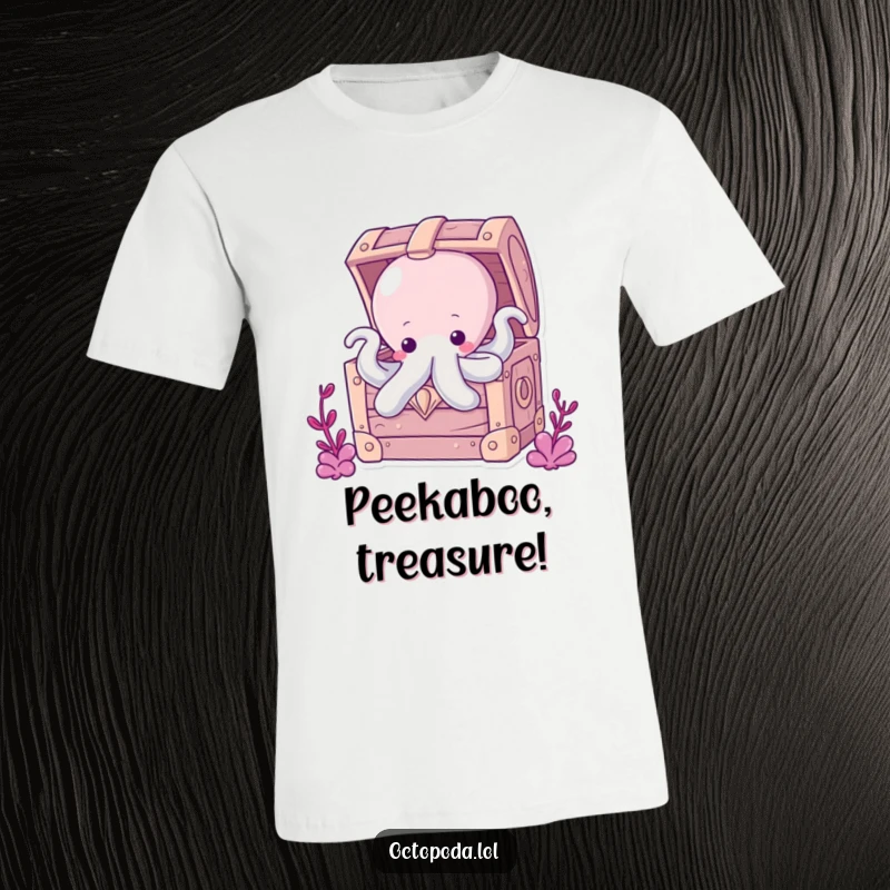 Funny Chubby Octopus T-Shirt: A chubby octopus peeking out from a bubbly treasure chest, conveying playful curiosity and the joy of discovery.