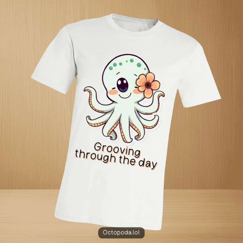Funny t-shirt with a happy octopus character dancing exuberantly with a flower behind its eye, radiating pure fun.