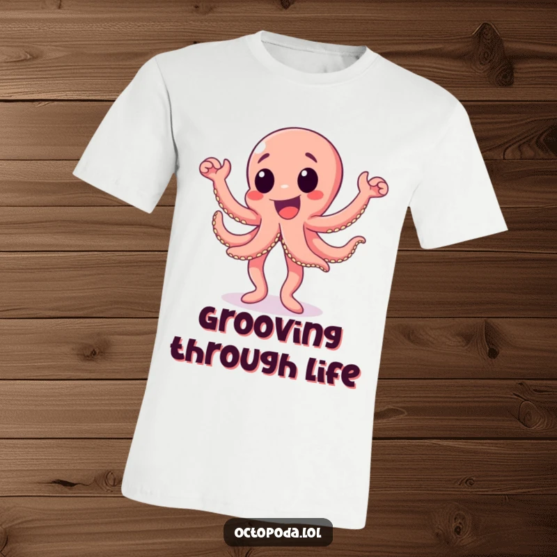 Funny octopus t-shirt depicting an excited octopus character doing a lively happy dance, perfect for energetic individuals.