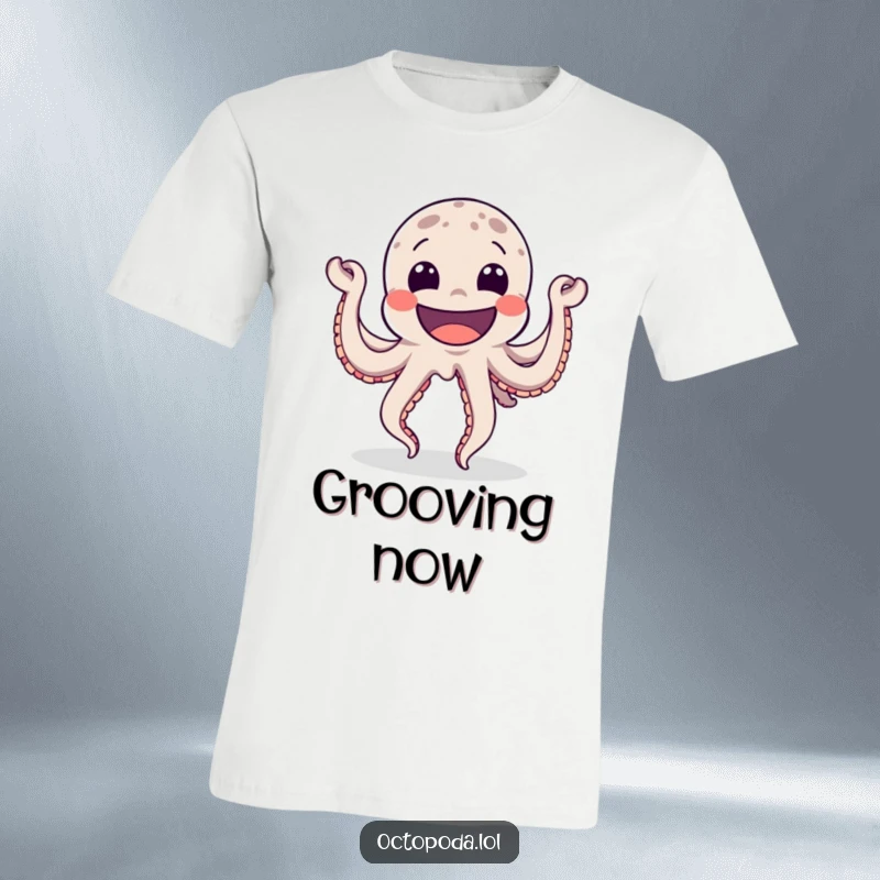 Funny T-Shirt with a joyful octopus in mid-dance move, sporting a wide grin, radiating happiness and a party-ready vibe.