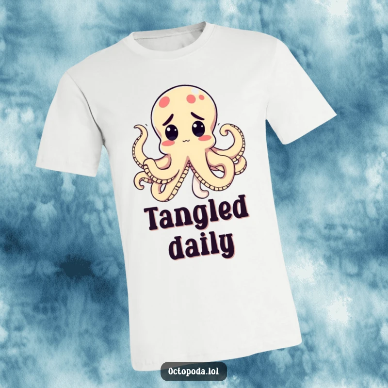 Funny Kawaii Octopus T-Shirt of a perplexed cephalopod with arms tied in a comical knot, a humorous and relatable design.