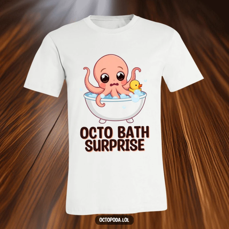Funny T-Shirt: A surprised octopus with wide eyes leaps from a bubble bath with a rubber duck, capturing a hilarious and splashy moment.