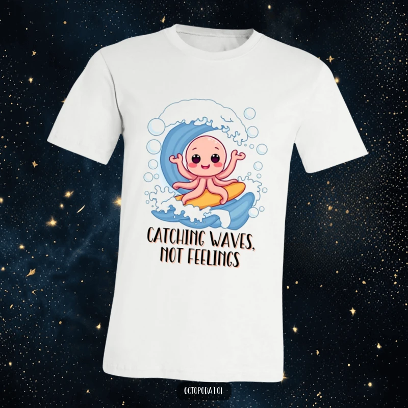 Funny t-shirt: a happy octopus with a big grin pretending to surf on a colossal wave composed of iridescent soap bubbles, conveying pure joy.