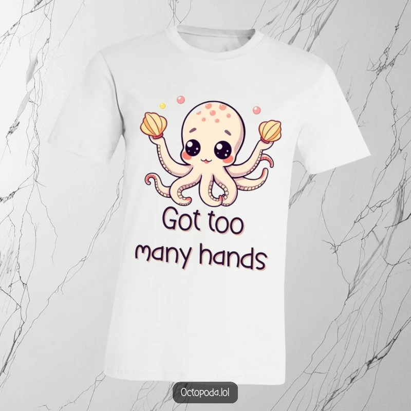 Funny t-shirt: a cute octopus character with wide, googly eyes expertly juggling several seashells, looking delightfully busy.
