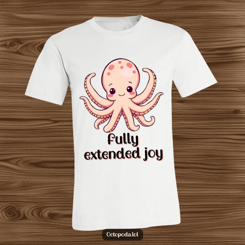 Funny octopus t-shirt, a delighted cephalopod stretching out all its arms joyfully, embodying freedom and excitement, a humorous wearable.