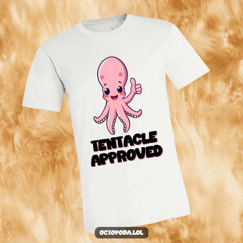 Funny octopus t-shirt with a cheerful tentacle giving a big thumbs up, conveying a message of support and fun.