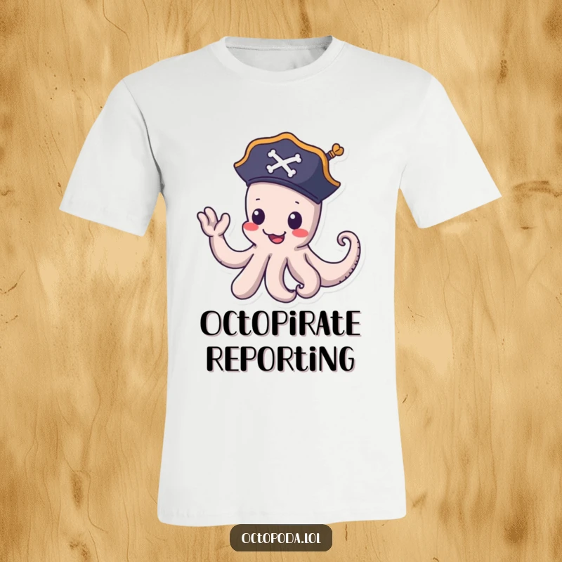 Funny pirate octopus t-shirt: a playful octopus in a pirate hat waves goodbye with a tentacle, embodying nautical fun and charm.